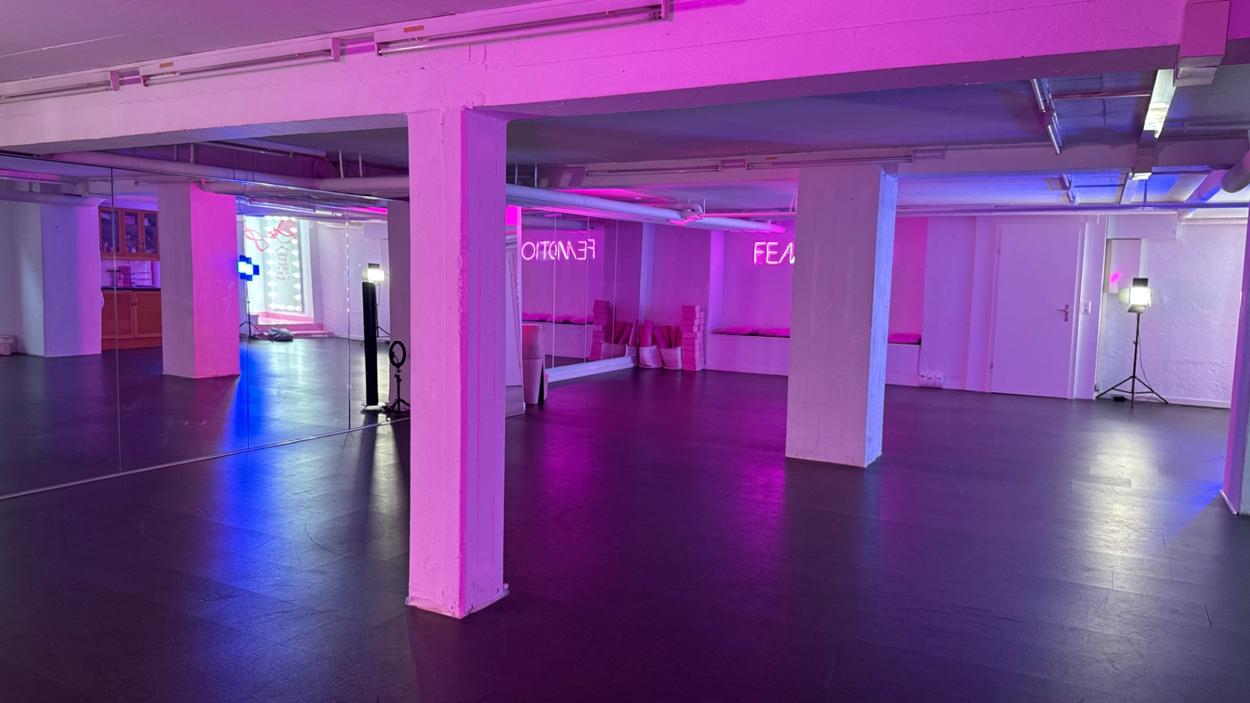 Mirrored dance floor with professional lighting